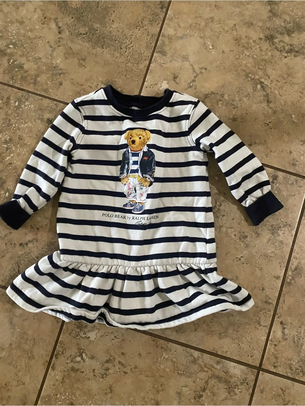 Ralph Lauren Baby Girl Polo Bear Long Sleeve Stripe Drop Waist Dress 12 Months